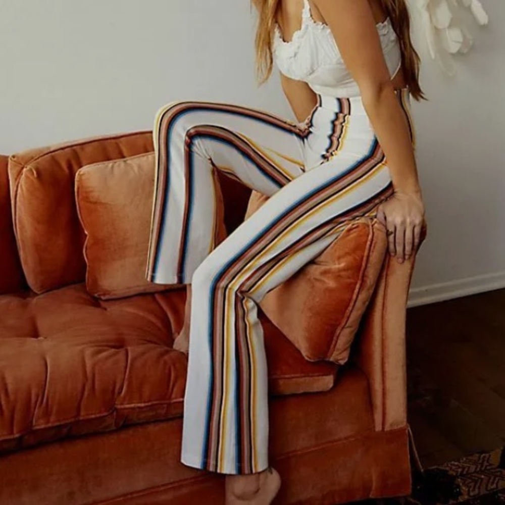 Free People White Striped Clean Crop Flare Pants 70s